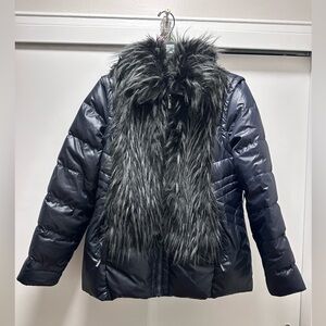 French Connection Navy Blue Winter Coat Two In One Down Feather Faux Fur.